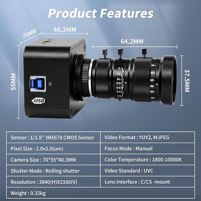MOKOSE USB Camera 4K, USB3.0 Manual Focus Webcam - Image 3