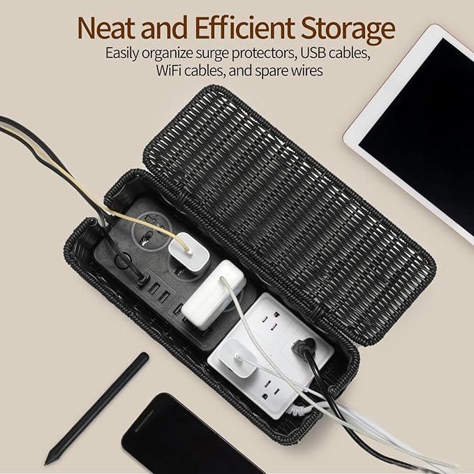 Delamu Handmade Rattan Cable Management Box, Cord Organizer - Image 4