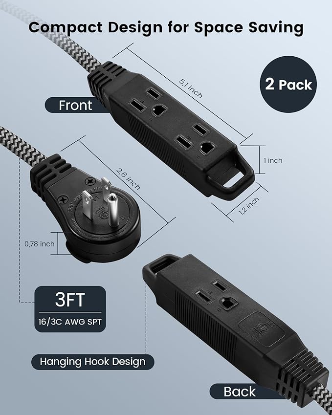 SURAIELEC 2 Pack Flat Extension Cord 3FT, 360° Rotating Plug, Braided Flat Plug - Image 7
