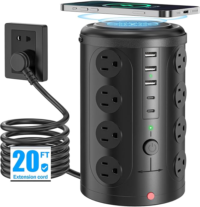 Tower Power Strip with 15W Wireless Charger, 20FT Extension Cord with Multiple by Unknown