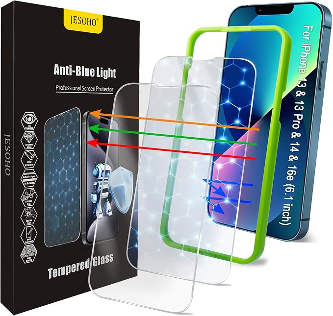 Screen Protector for iPhone 16e/14/13/13Pro, Colorless Anti-Blue Light Tempered by JESOHO