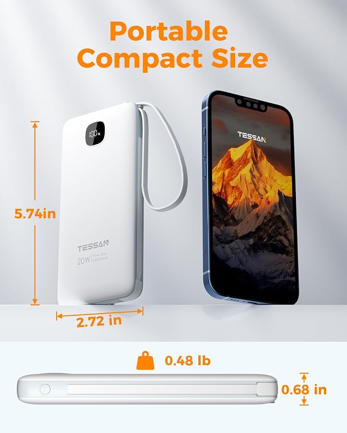 TESSAN Portable Charger with Built in Cables, 10000mAh Power Bank Fast Charging - Image 3