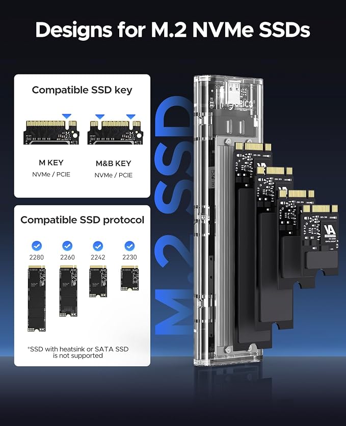 ORICO M.2 NVMe SSD Enclosure, USB 3.2 Gen 2, Transparent External Solid State - Image 3
