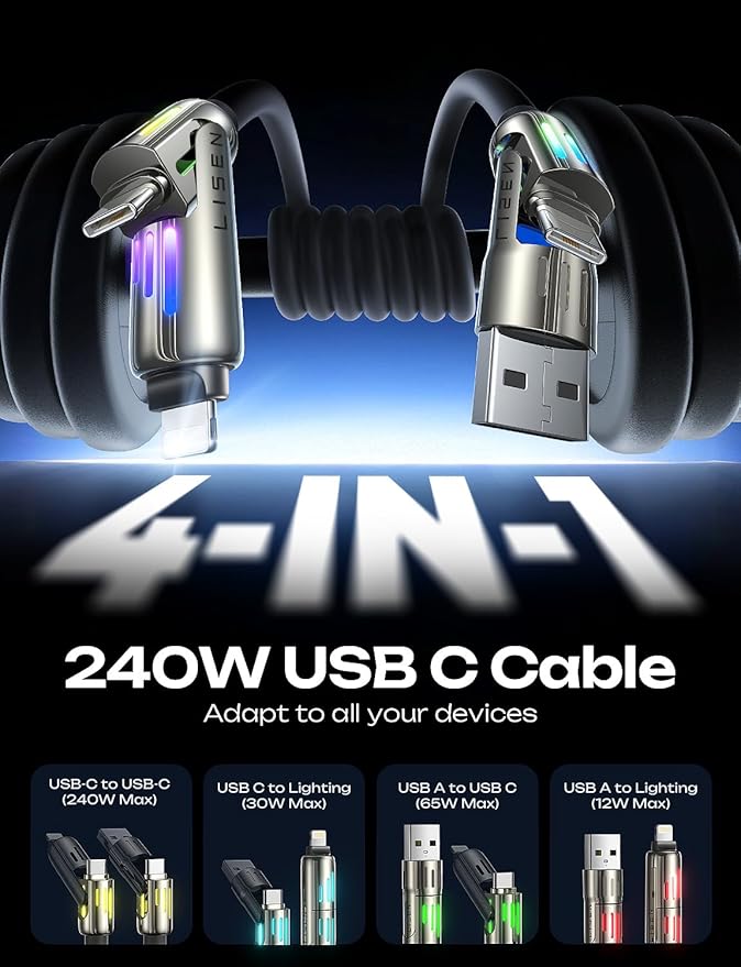 LISEN 240W USB-C Charge Cable, Soft USB C Cable, 4 in 1 Charging Cable - Image 2
