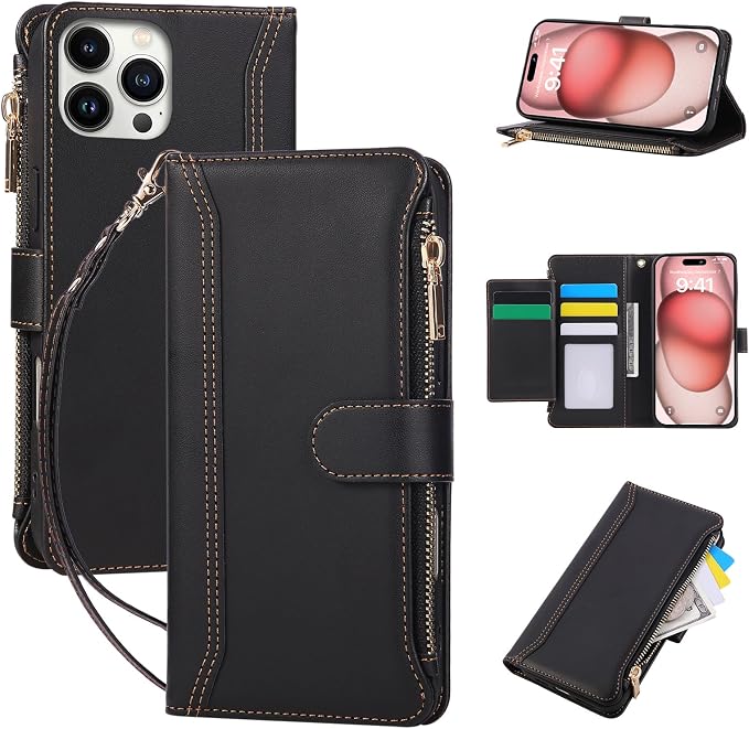 Compatible with iPhone 15 Pro Wallet Phone Case-PU Leather Magnetic Flip Cover by KYFSJPT