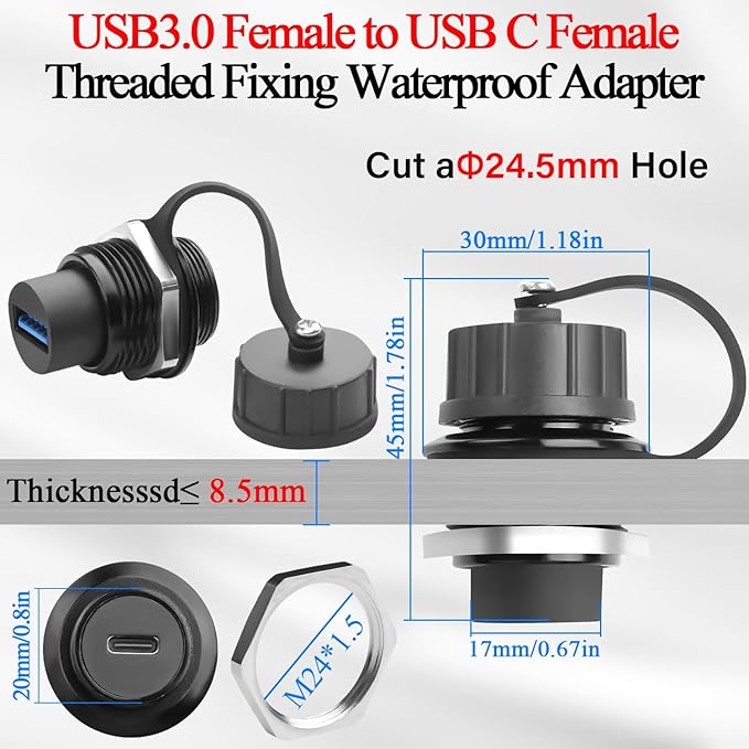QIANRENON USB 3.0 to USB C Threaded Fixing Waterproof Adapter 5Gbps USB3.0 - Image 4