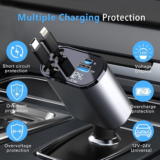 Retractable Car Charger, 66W 4 in 1 Super Fast Charging Car Phone Charger - Image 5
