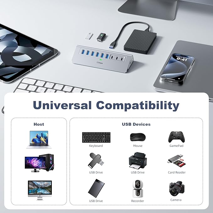Powered USB Hub 10Gbps, intpw YH6AC 9-Port USB 3.2 /USB C Hub - Image 7