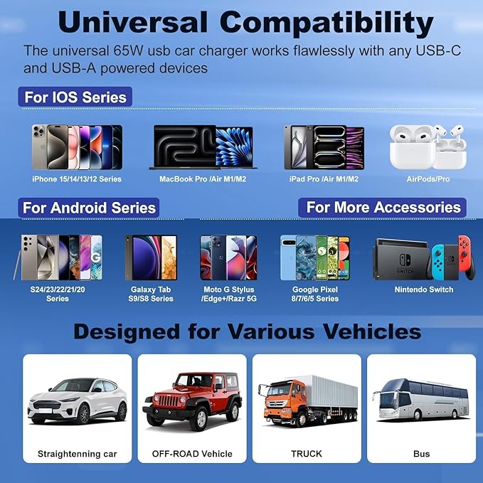 65W Car Phone Charger USB C, 5 Pack 4-Port Cigarette Lighter Adapter, 12V USB C - Image 8