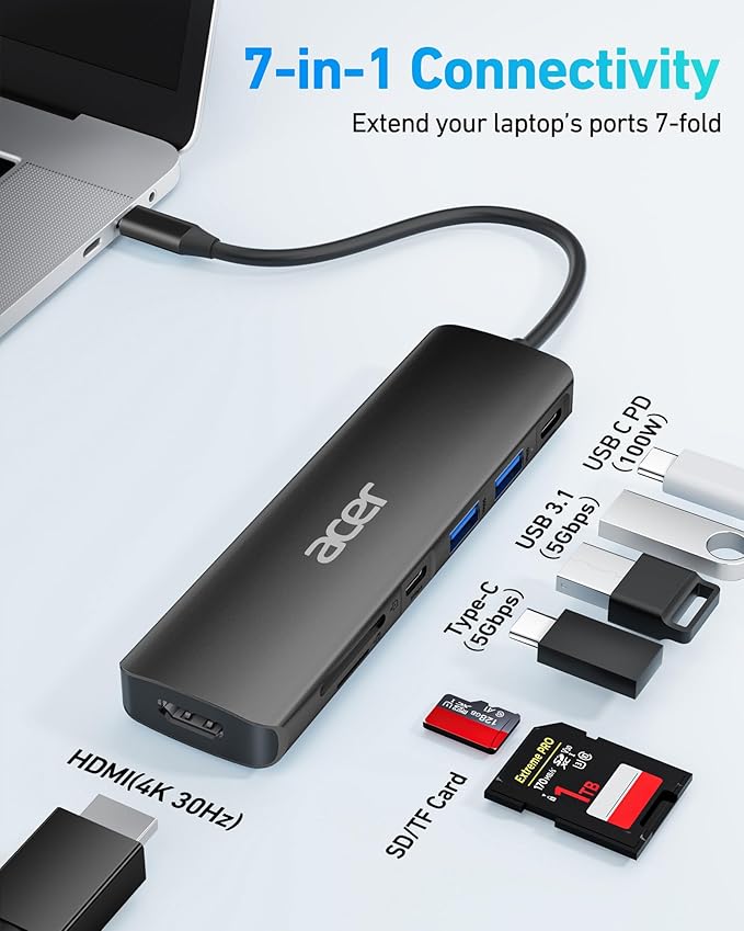 Acer USB C Hub, 7 in 1 USB C to HDMI Dock, 2 USB 3.1 GEN1 and 5Gbps Type-C Data - Image 2