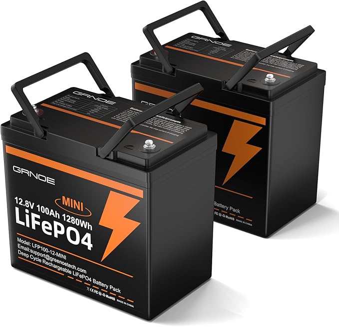 2 Pack 12V 100Ah Mini LiFePO4 Lithium Battery, 1280Wh Lithium Battery by GRNOE