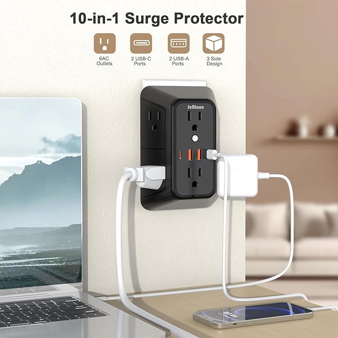 JcBlaon 3 Pack Outlet Extender Surge Protector, 6 Outlet Splitter - Image 2