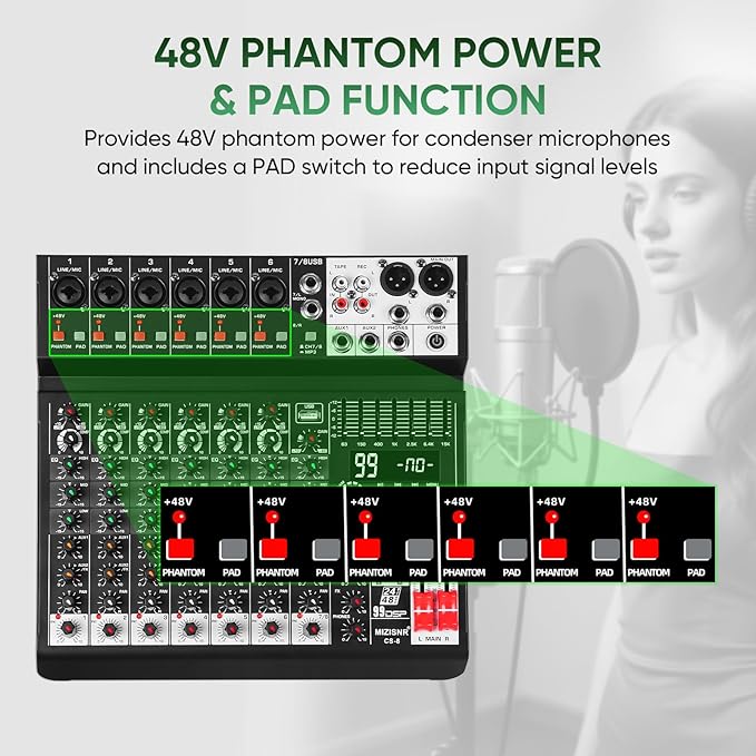 Audio Mixer 8 Channel Sound Mixer Console, Professional Music Mixing Board DJ - Image 6