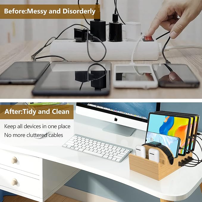 Bamboo Charging Station for Multiple Devices, Alltripal Wood Desktop Docking - Image 6
