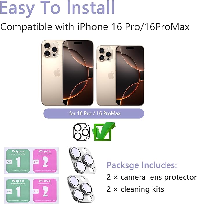 2 Pack Camera Lens Protector for iPhone 16 Pro/iPhone 16 Pro Max, AR Tempered - Image 2