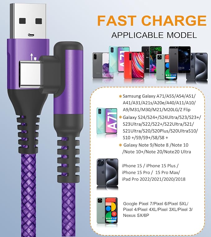 sweguard USB Type C Charger Cable Right Angle iPhone 16 Charger Nylon Braided - Image 3