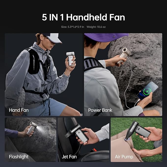 JISULIFE Portable Handheld Fan Ultra2, 9000mAh Max 25 Hrs, 5 IN 1, 100 Speed - Image 2
