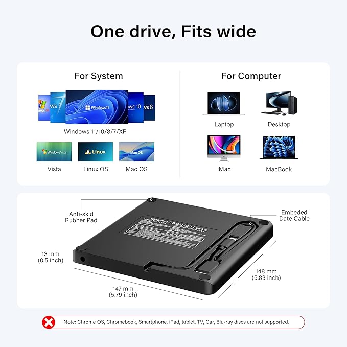 Amicool External USB-C USB 3.0 CD/DVD Drive Burner +/-RW, Ultra-Slim Portable - Image 4