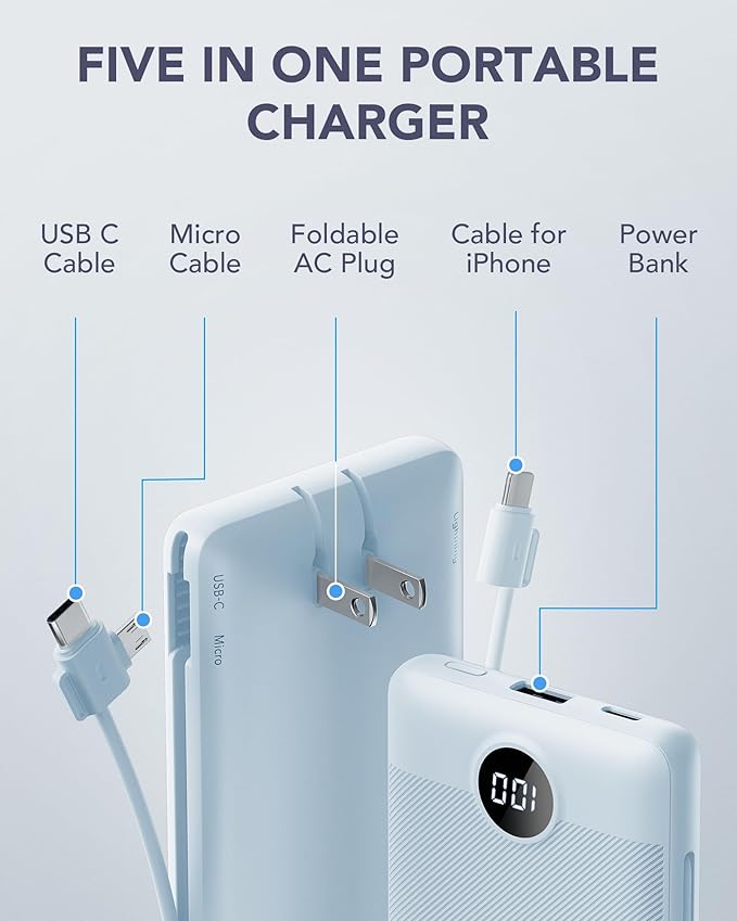 VRURC Portable Charger Built-in Cables and AC Wall Plug, USB C Power Bank - Image 3