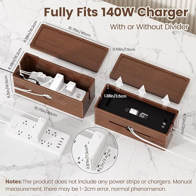 Extra Large Cable Management Box – Brown Double Layer Wooden Cord Organizer - Image 5