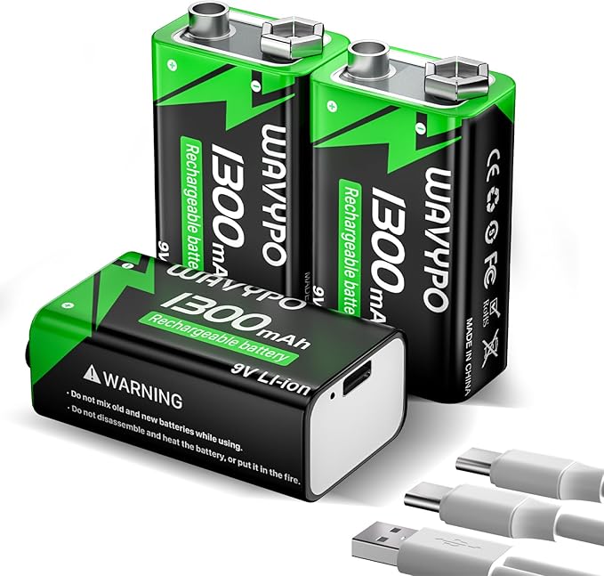 3-Pack 1300mAh Rechargeable 9V Batteries, 9 Volt Lithium Batteries USB-C Charge by WAVYPO