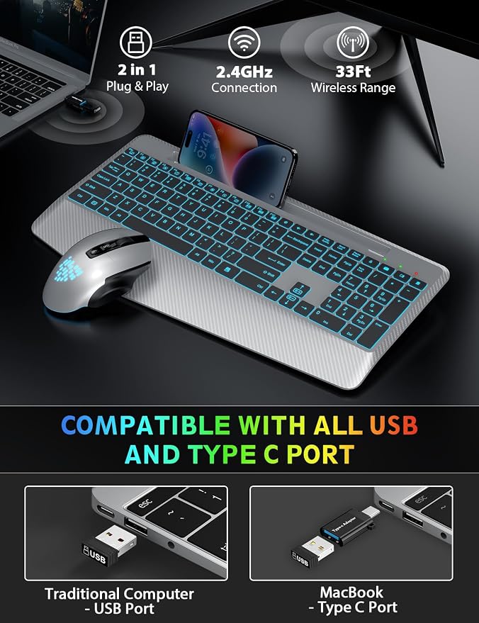 Wireless Keyboard and Mouse Backlits, Wrist Rest, LED Mouse, Rechargeable - Image 5