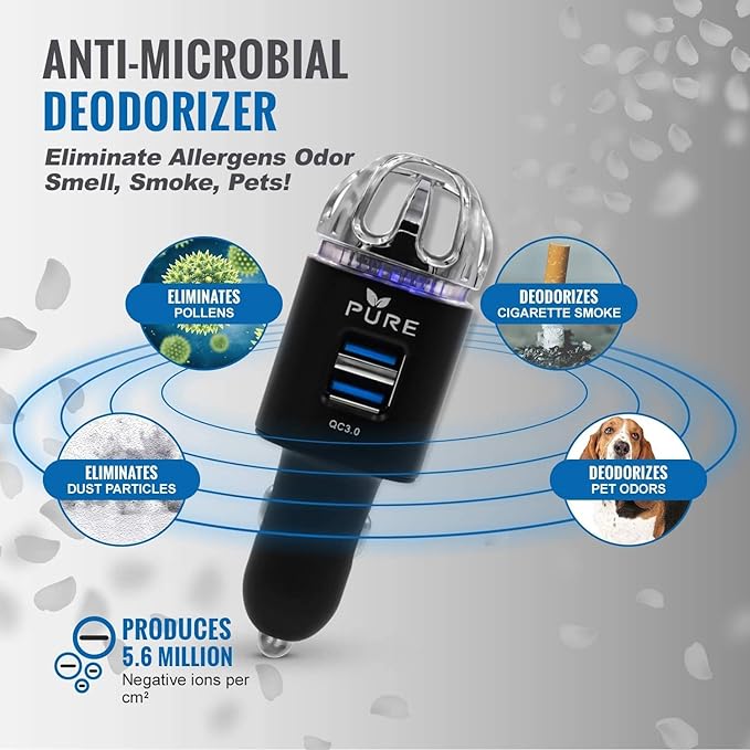 Car Air Purifier Premium Air Ionizer & Car Charger Accessory w Dual USB Ports - Image 3