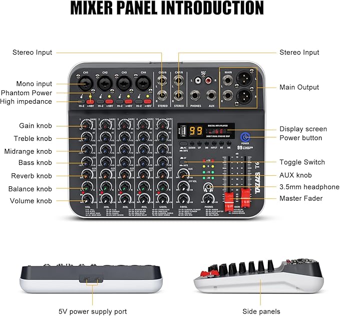 Audio Mixer, TKLBLS Studio Audio Sound Mixer Board, 6 Channel Unpowered - Image 7