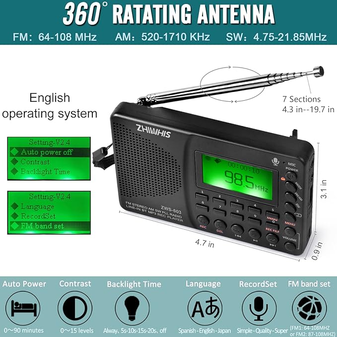 ZHIWHIS Portable Bluetooth Radio, FM AM Shortwave Radios - Image 2