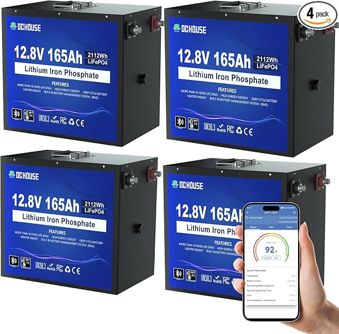 DC HOUSE 12V 165Ah 4Pack LiFePO4 Deep Cycle Battery, Safer Metal Shell by DCHOUSE