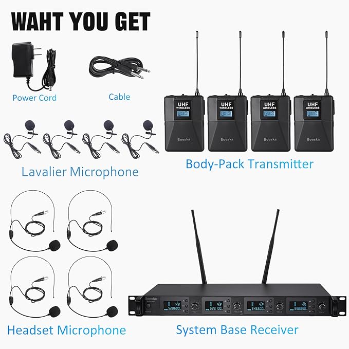 Wireless Microphone System 4 Channel UHF 4 Lavalier Lapel Headset Mics - Image 7