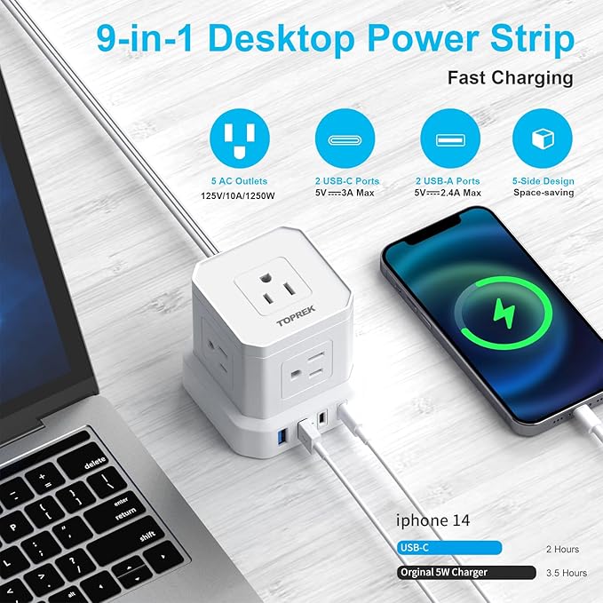 TOPREK Power Strip 25 FT Extra Long Extension Cord | Flat Plug Surge Protector - Image 3