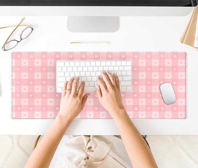 Pink Minimalist Gingham Floral Desk Mat Gaming Mouse Pad Large Cute Pastel Desk - Image 4