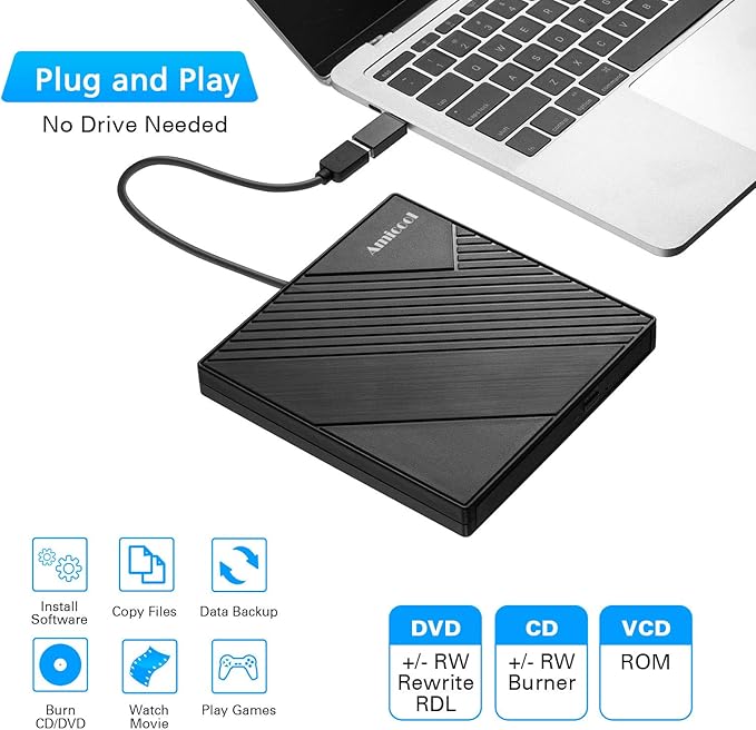 Amicool External DVD Drive USB 3.0 USB C CD Burner CD/DVD +/-RW Optical Drive - Image 2