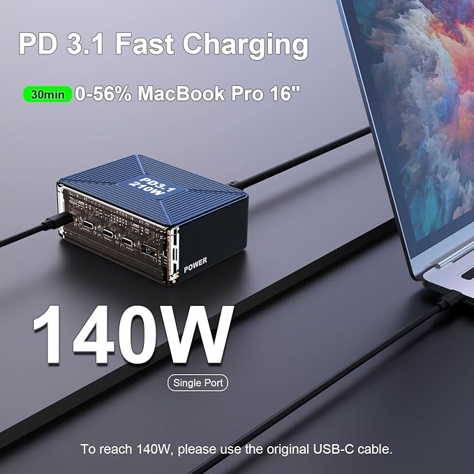 210W USB C Charger, Graaci GaN 5-Port PD3.1 140W 100W PPS Fast Charging Station - Image 3
