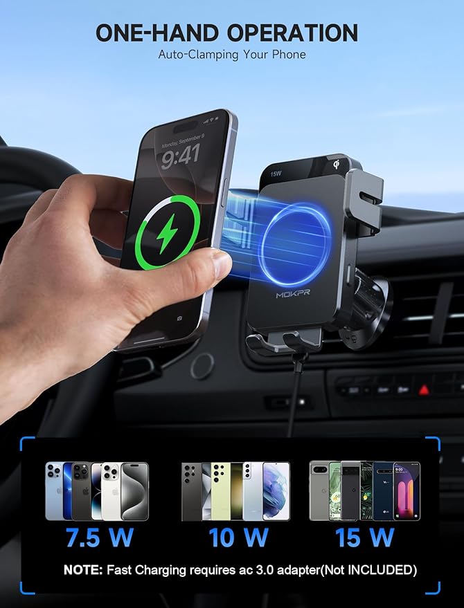 MOKPR Wireless Car Charger, 15W Auto Clamping Car Charger Dash Windshield Air - Image 5