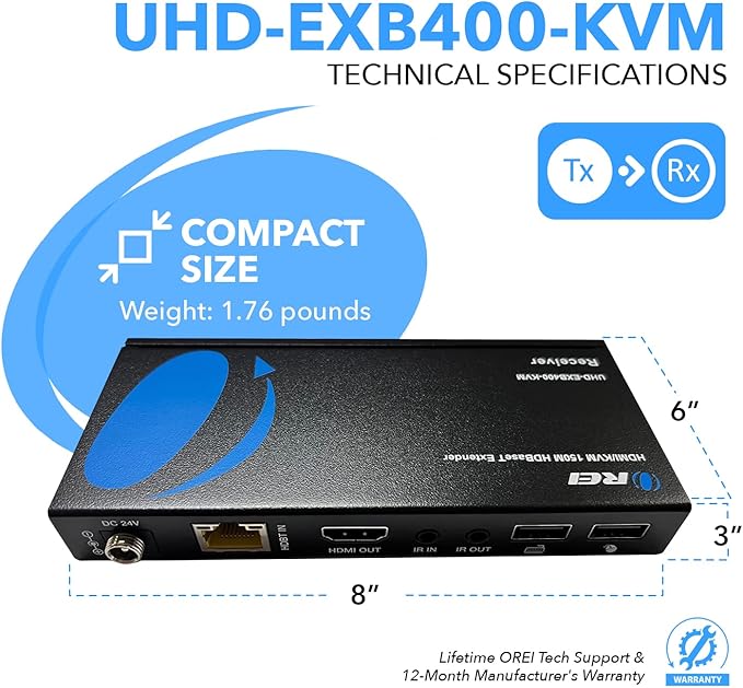 OREI 4K KVM HDMI Extender Over LAN HDBaseT PoC Single CAT5e/CAT6A/CAT7 Cable 4K - Image 5