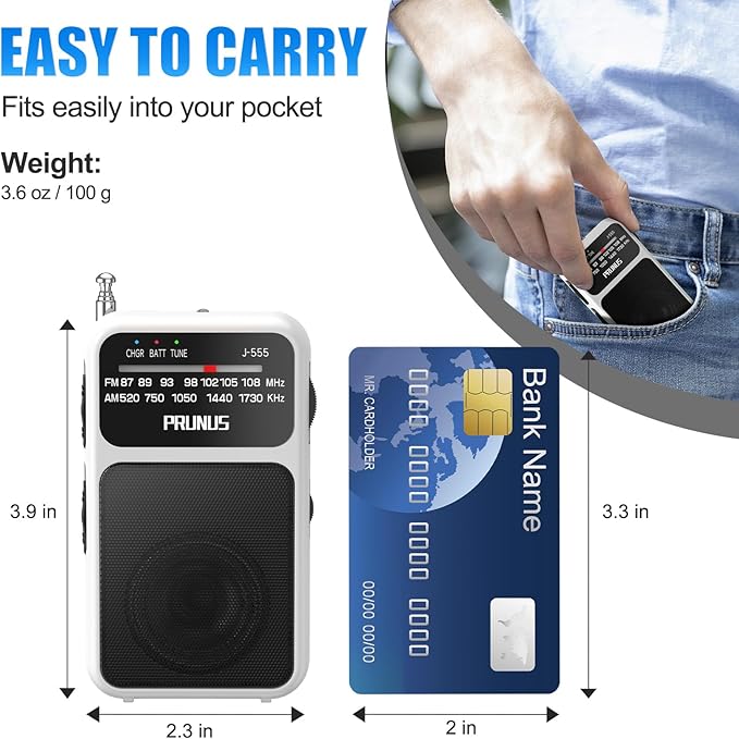 PRUNUS J-555 Pocket Radio AM FM USB-C Charging& Battery Operated, Excellent - Image 3