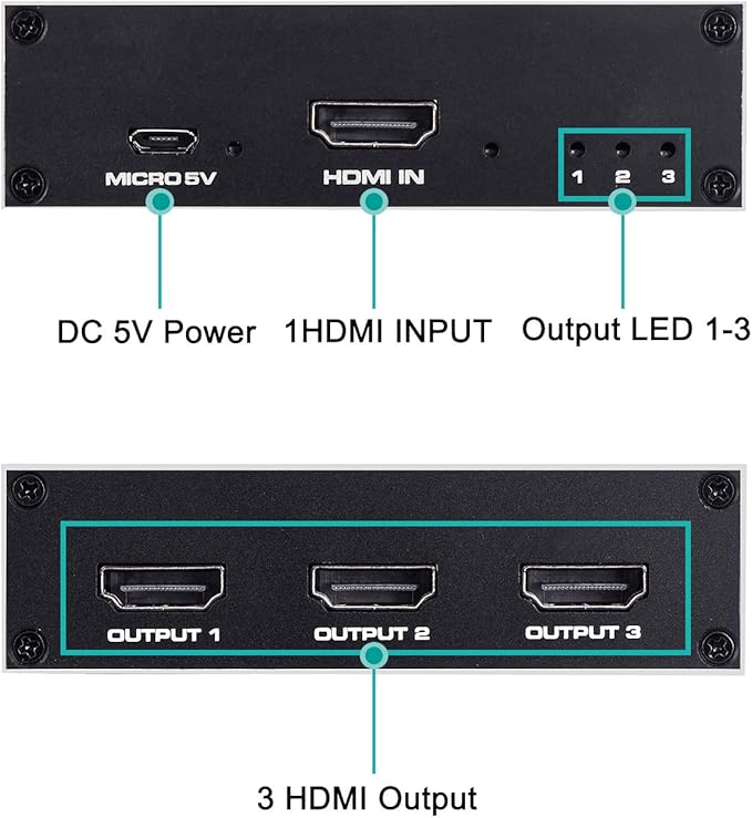 1x3 HDMI Splitter, 1 in 3 Out HDMI Splitter Audio Video Distributor Box Support - Image 5