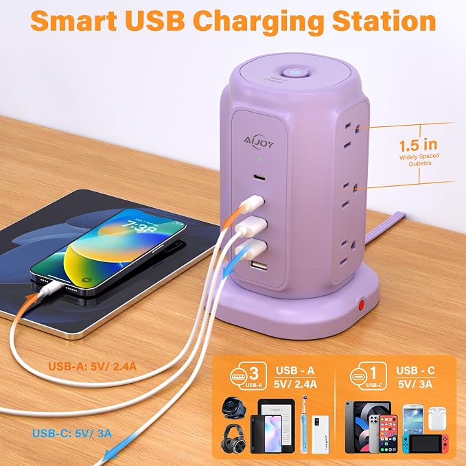 AiJoy Flat Plug Power Strip Tower - Image 4