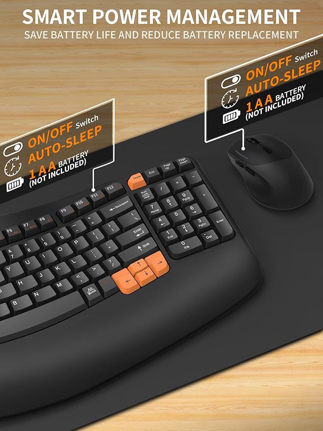 Wireless Keyboard and Mouse Combo, 2.4G Wave Keys Ergonomic Keyboard - Image 4