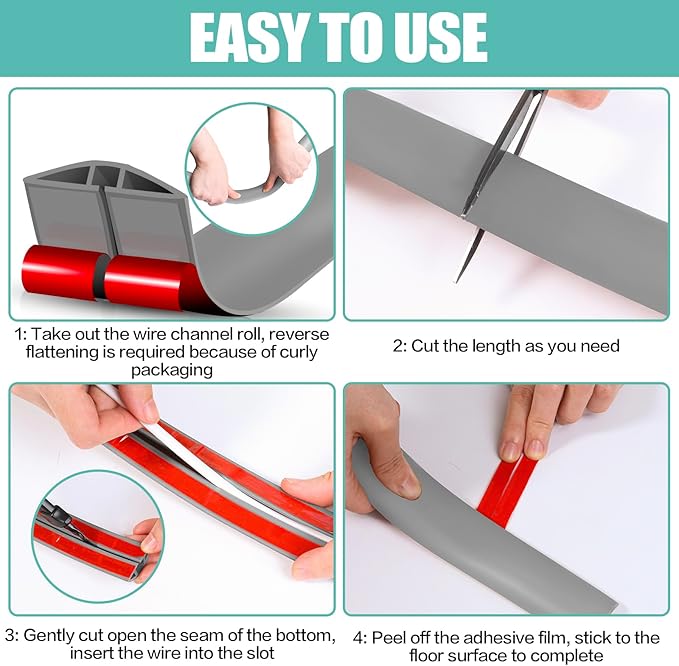 Floor Cord Cover Cavity 0.8"x0.37" Self Adhesive Cord Hider, 3.3FT Low Profile - Image 8
