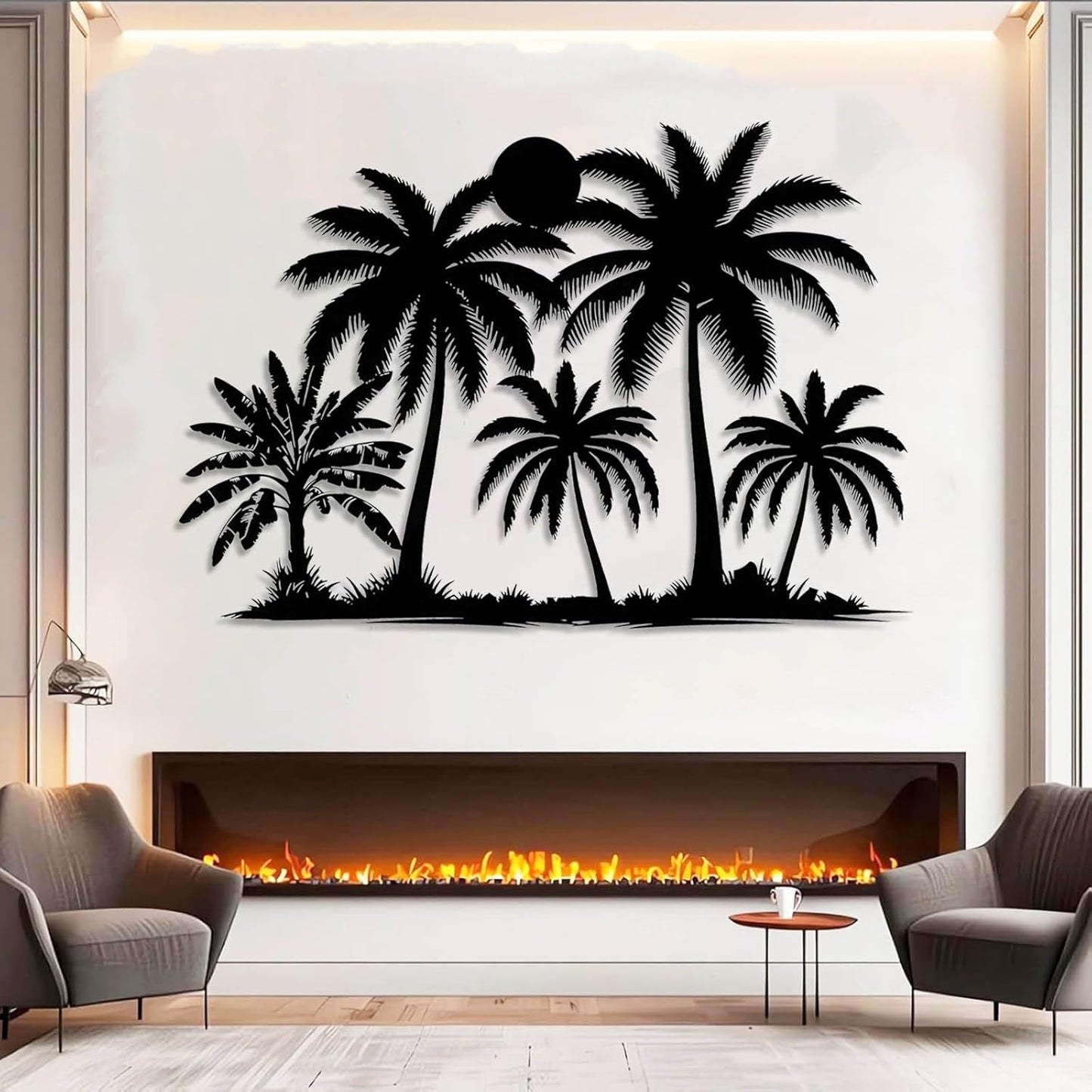 Tuglona Metal Palm Tree with Sunset Wall Decor, Tropical Palm Tree Metal Wall Art, Tropical Wall Decor, Sun Wall Art, Beach Wall Decoration, Coastal Trees Wall Hanging (Silver, 35"x25"/90x62cm)