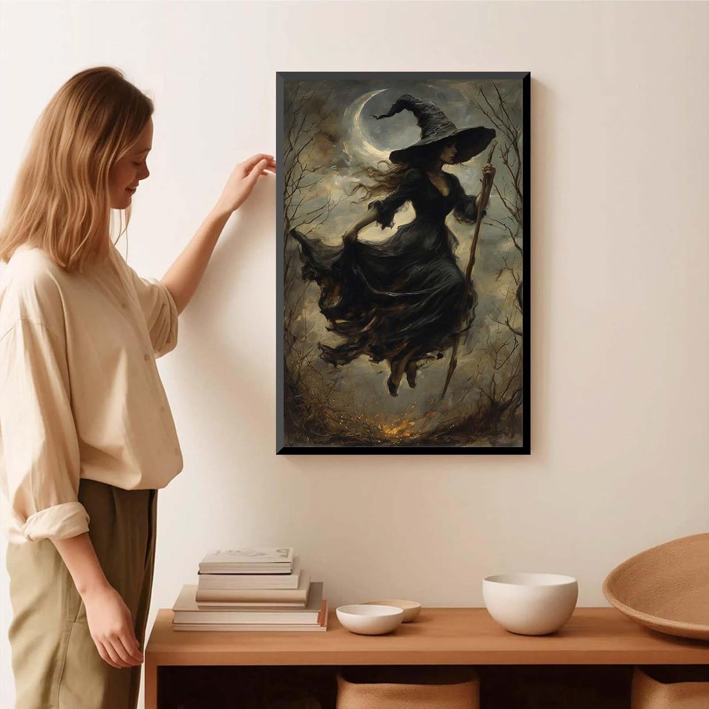 JFHCQJPK Witch in the Forest Halloween Print Wall Art Poster Witch Decor Vintage Print Dark College Wall Art Victorian Gothic Room Decor Canvas Wall Print24x36in Metal blackFramed