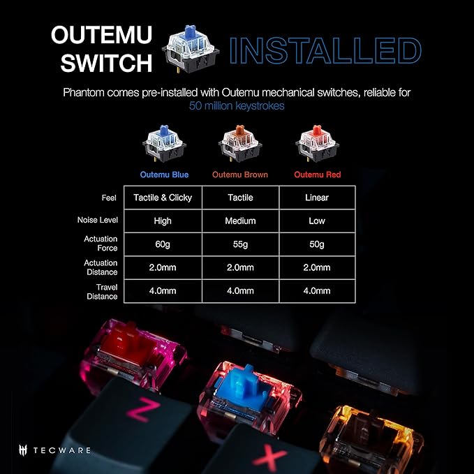 TECWARE Phantom 87 Key Mechanical Keyboard, RGB led, Typewriter Sound, Outemu - Image 3