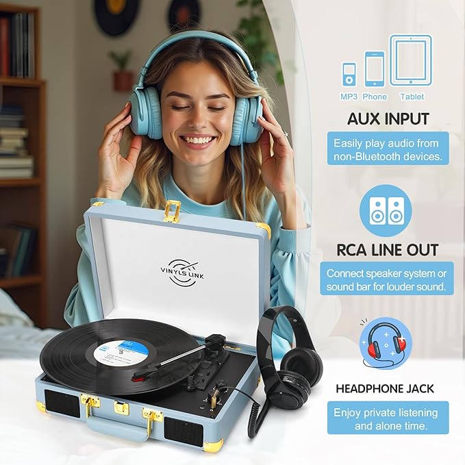 Vinyl Record Player 3-Speed Bass Control Bluetooth Suitcase Portable - Image 2