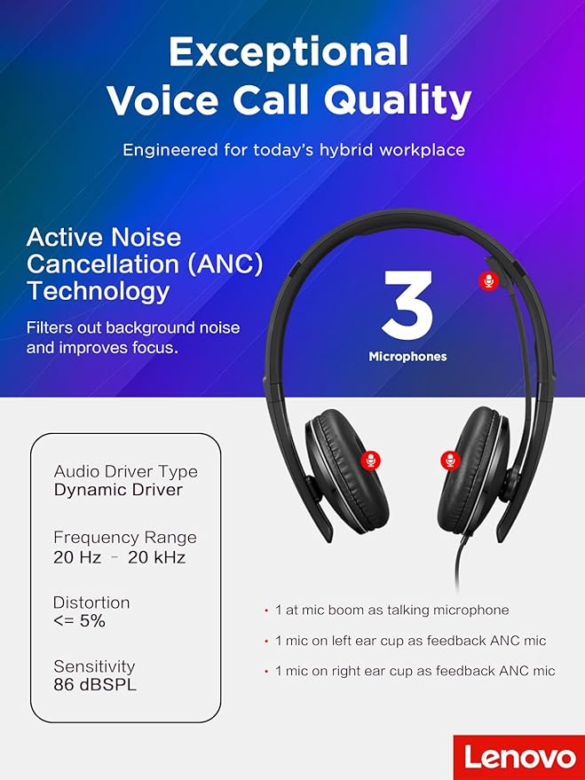 Lenovo Wired ANC Headset, USB-C and USB-A connectivity, Zoom Certified - Image 8