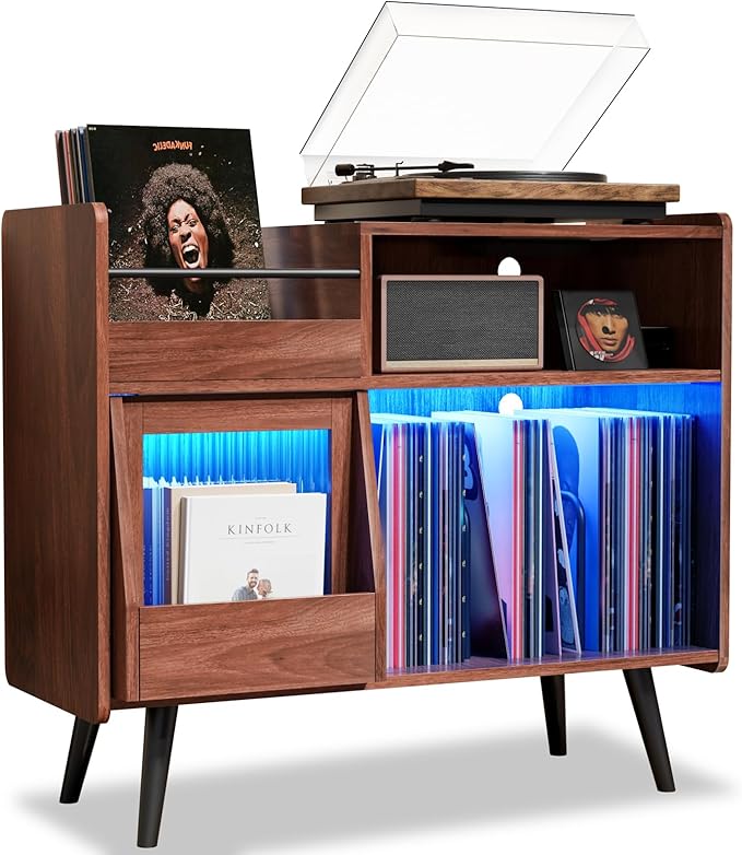 Large Record Player Stand with Sliding Door, 350 Vinyl Record Storage Cabinet by MULEJYBO