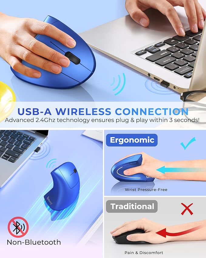 Lekvey Ergonomic Mouse, Vertical Wireless Mouse Rechargeable 2.4G USB Optical - Image 3
