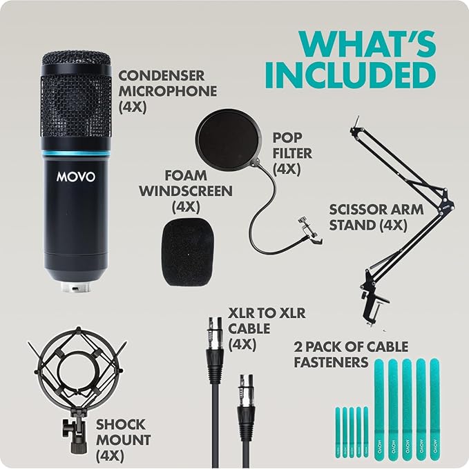 Movo PodPak4A 4-Pack Universal XLR Condenser Microphone Podcast Equipment Bundle - Image 6